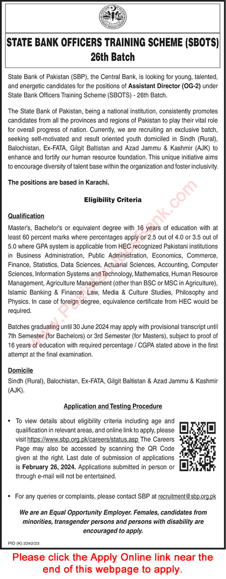 State Bank of Pakistan Jobs February 2024 SBP Apply Online Assistant Directors Officers Training Scheme SBOTS Latest