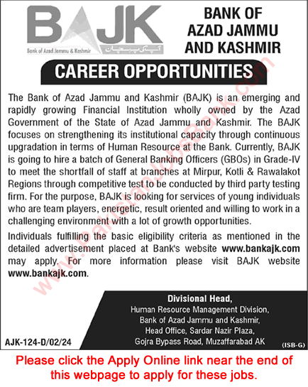 General Banking Officer Jobs in Bank of AJK 2024 February BAJK Apply Online GBOs Latest
