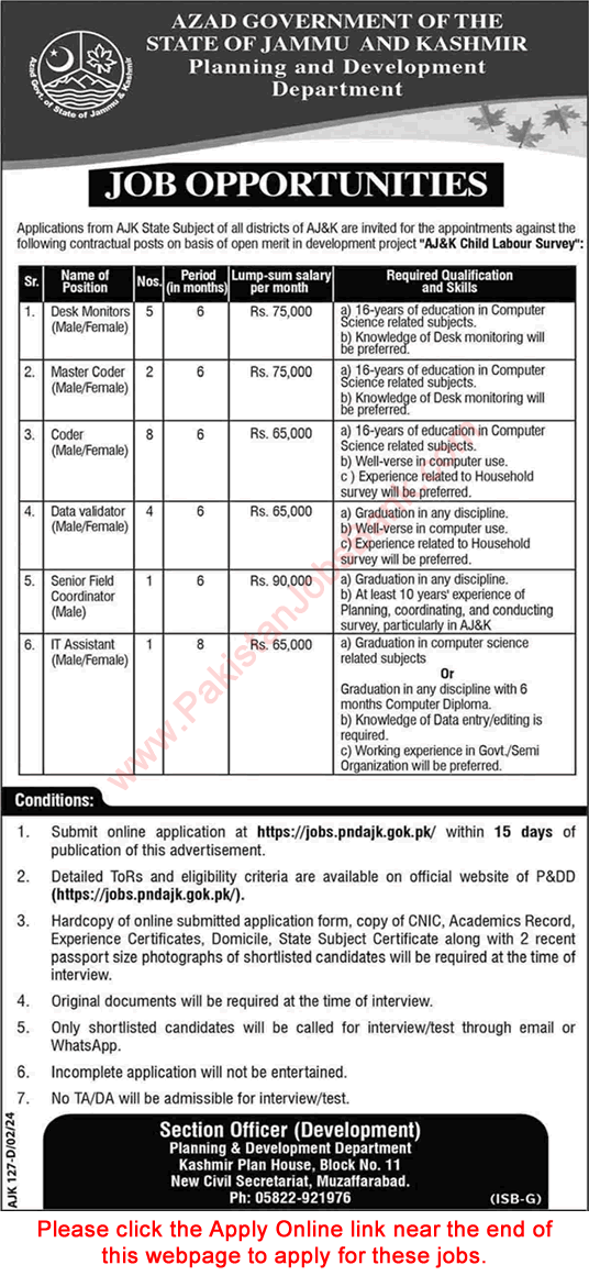 Planning and Development Department AJK Jobs 2024 February Apply Online Master Coders & Others Child Labour Survey Latest