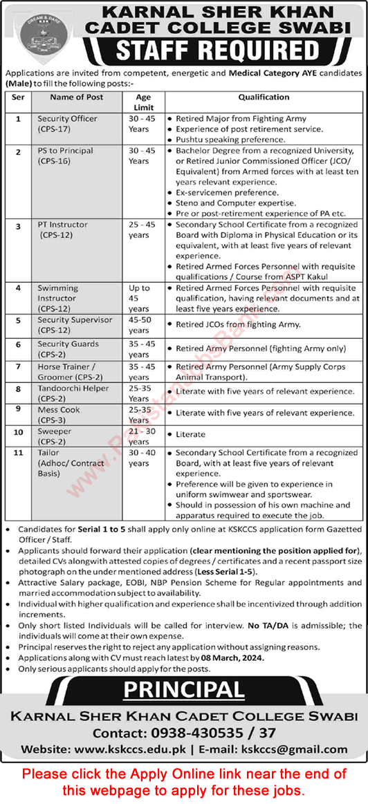 Karnal Sher Khan Cadet College Swabi Jobs 2024 February Security Guards & Others Latest