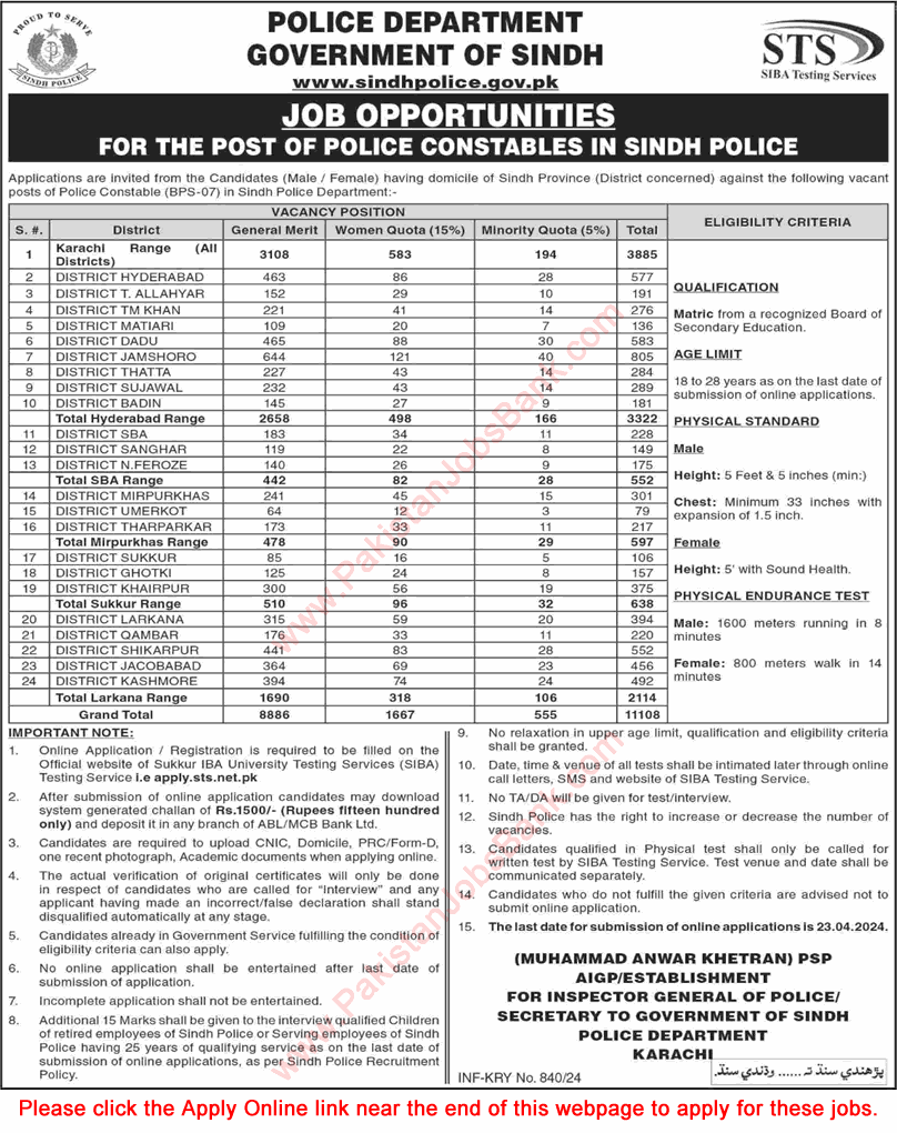 Sindh Police Constable Jobs March 2024 STS Apply Online Latest Advertisement
