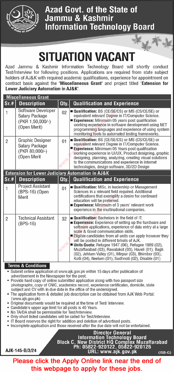 Information Technology Board AJK Jobs March 2024 IT / Technical Assistants & Others Online Apply Latest