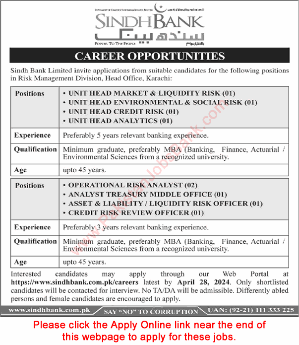 Sindh Bank Jobs April 2024 Apply Online Karachi Operational Risk Analysts & Others Latest