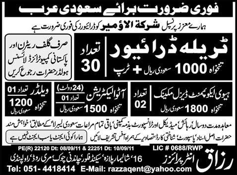 Urgently Required For Saudi Arabia