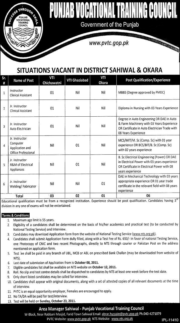 Instructors Required by Punjab Vocational Training Council, Government of the Punjab