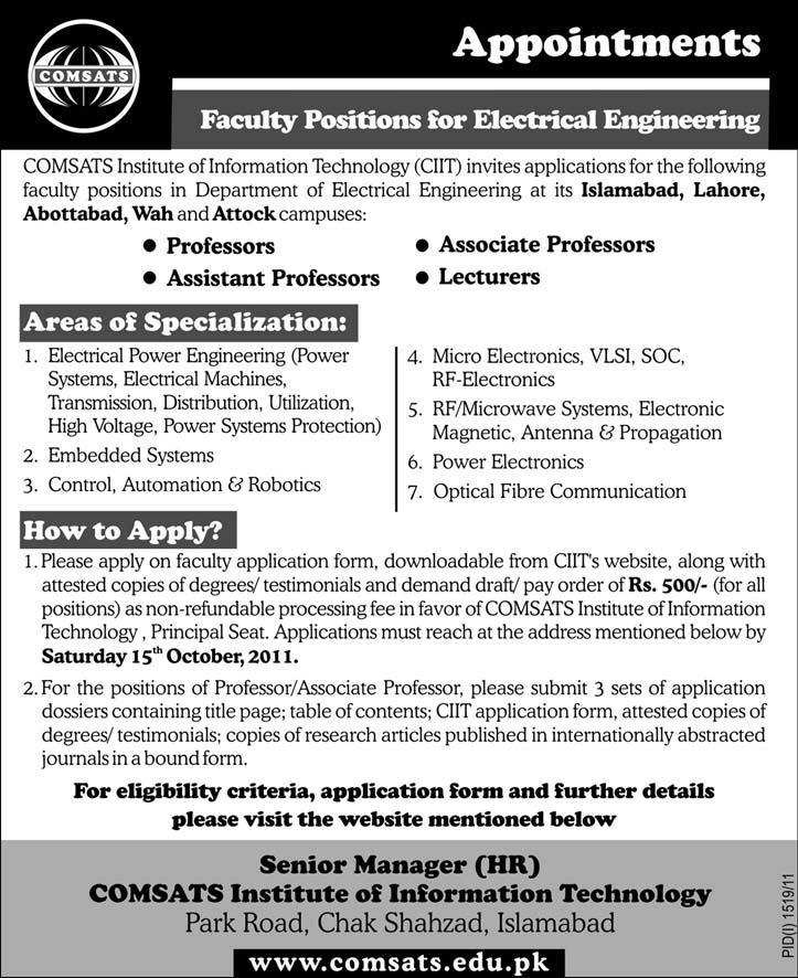 Comsats Faculty Positions for Electrical Engineering