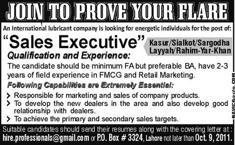 Sales Executive Required by an Interntional Lubricant Company