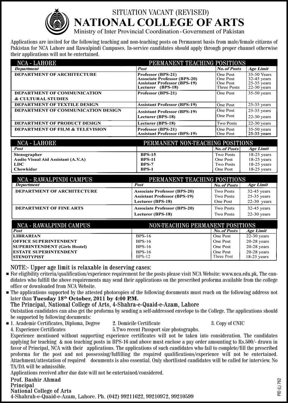 National College of Arts Required Faculty and Admin Staff