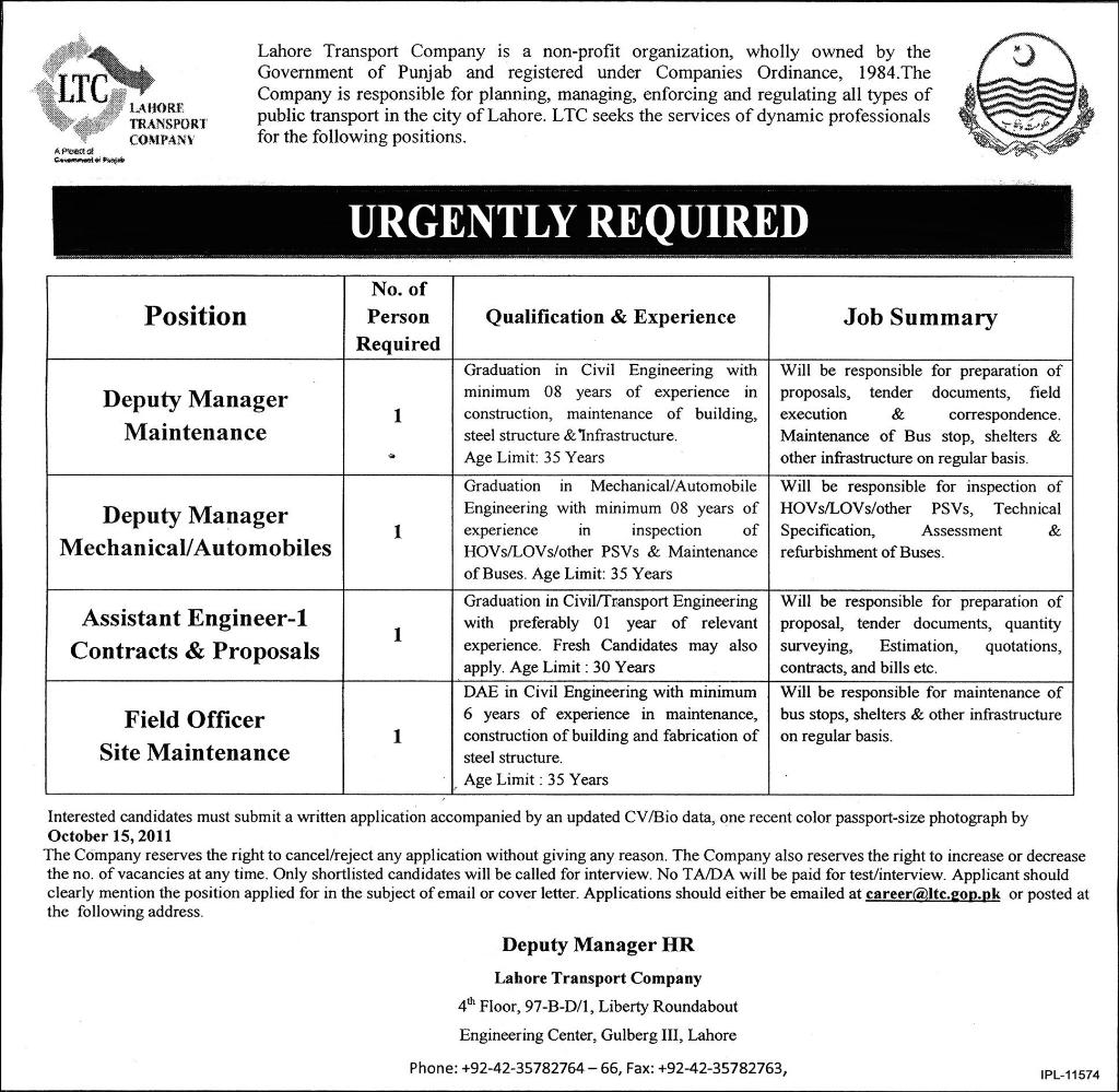 Lahore Transport Company Urgently Required