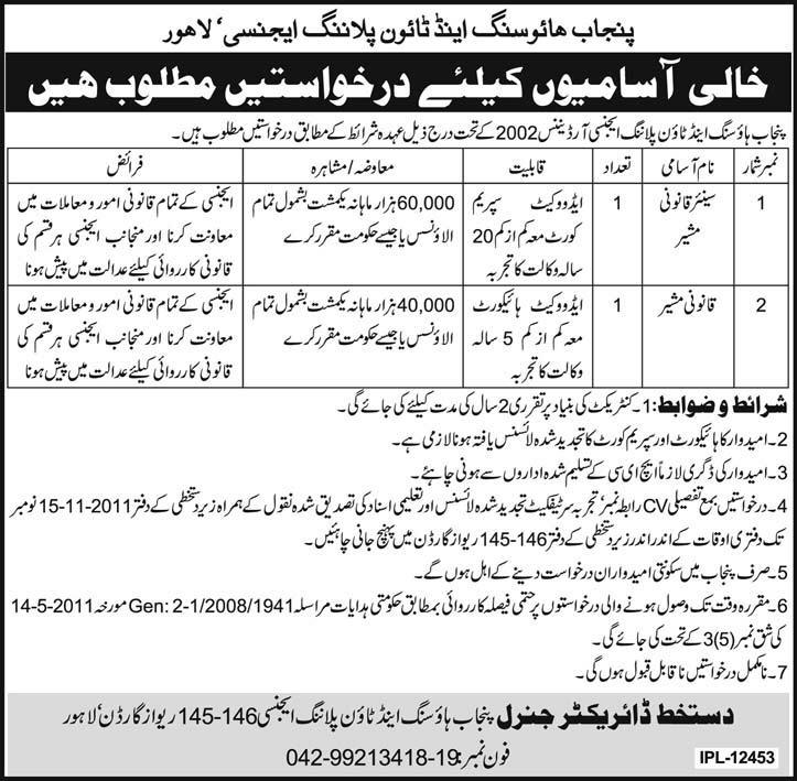 Punjab Housing and Town Planning Agency, Lahore Job Opportunities