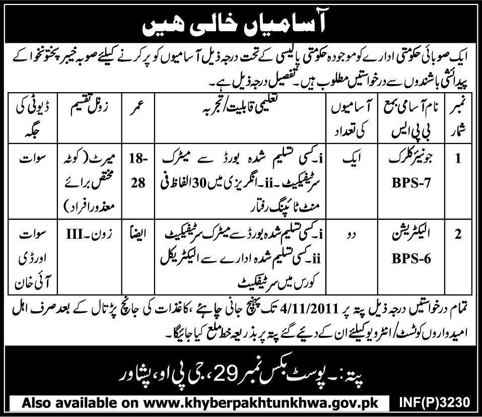Junior Clerks and Electricians Required by a Provincial Government Department