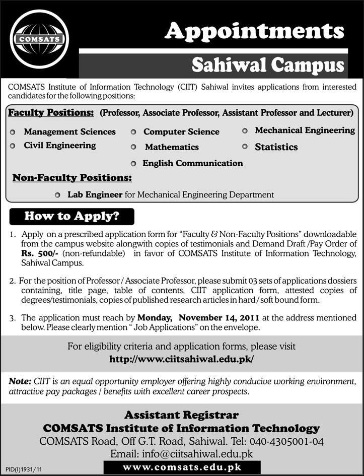 COMSATS Required Faculty & Non-Faculty Positions For Sahiwal Campus