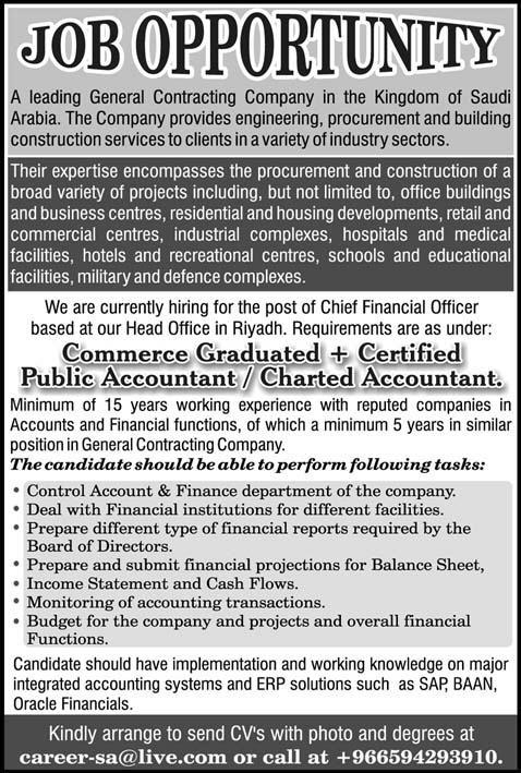 Chief Financial Officer Required by General Contracting Company in Saudi Arabia