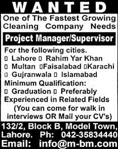 Project Manager/Supervisor Required by a Cleaning Company