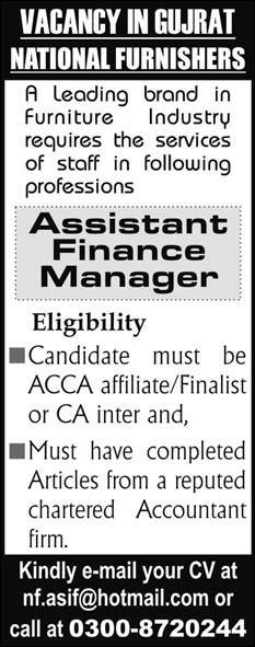 National Furnishers Gujrat Required the Services of Assistant Finance Manager