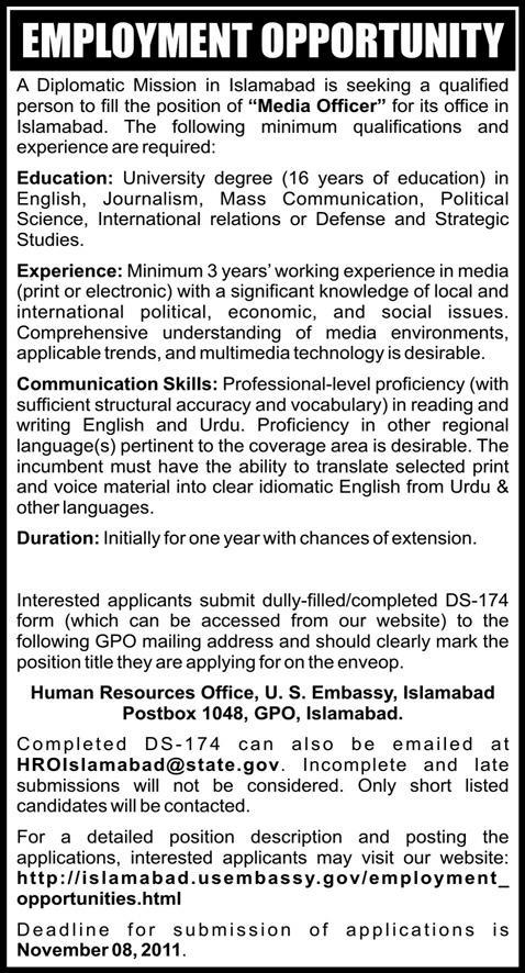 Media Officer Required by US Embassy