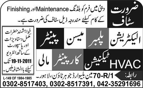 Maintenance and Finishing Staff Required for Dubai