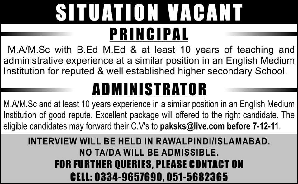 Principal and Administrator Required Rawalpindi/Islamabad