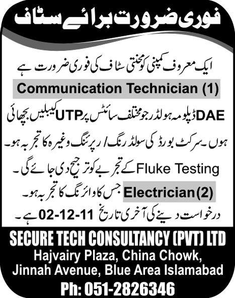 Communication Technician Required in Islamabad