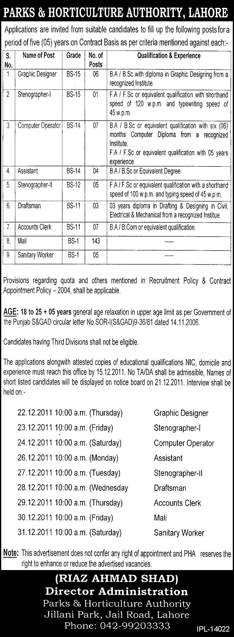 Parks and Horticulture Authority, Lahore Jobs Opportunity