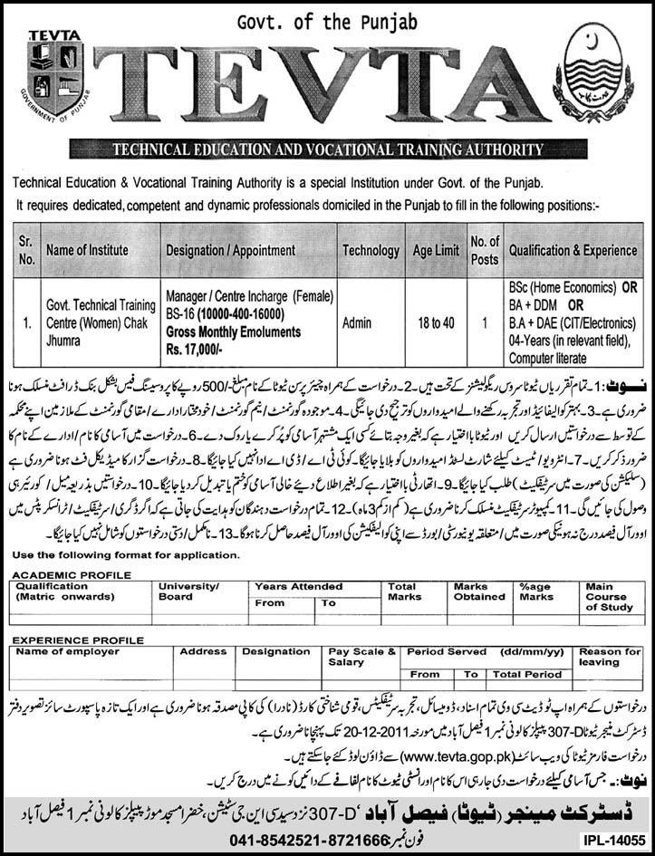 TEVTA Government of the Punjab Required the Services of Manager/Centre Incharge (Female)