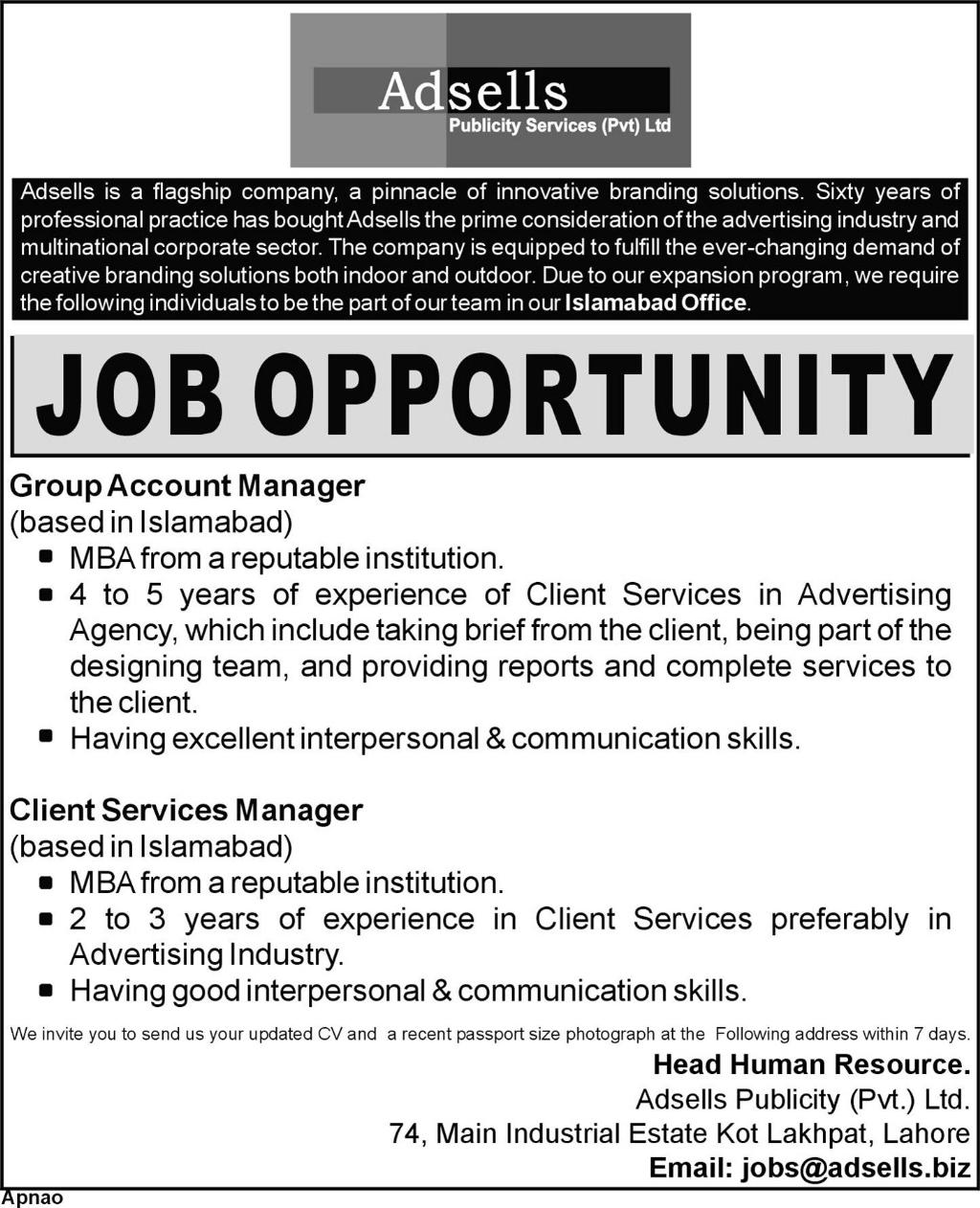 Adsells Publicity Services Pvt Ltd Required Managers