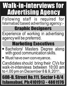 Graphic Designers and Marketing Executives Required by Advertising Agency in Islamabad