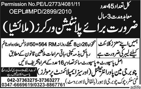 Plantation Workers Required for Malaysia