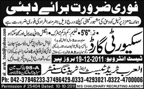 Security Guard Required for Dubai