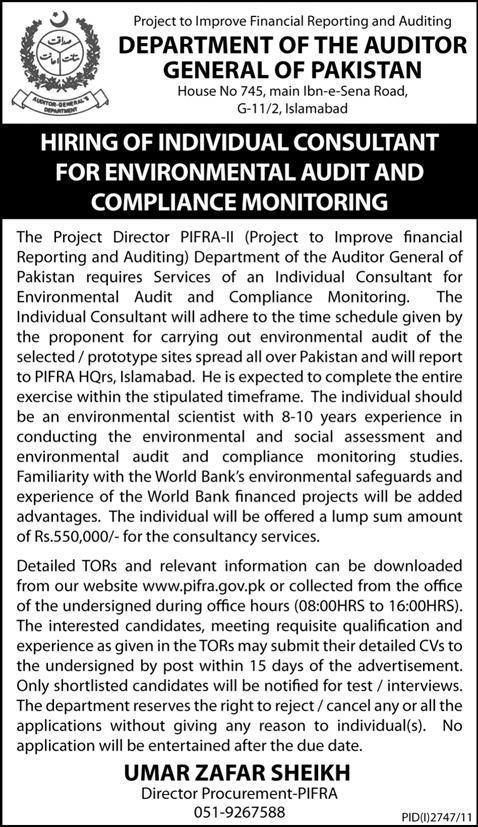 Department of the Auditor General of Pakistan Required Consultant