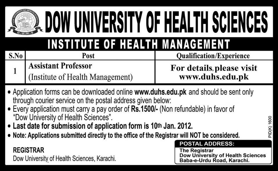 DOW University of Health Sciences Karachi Required Assistant Professor