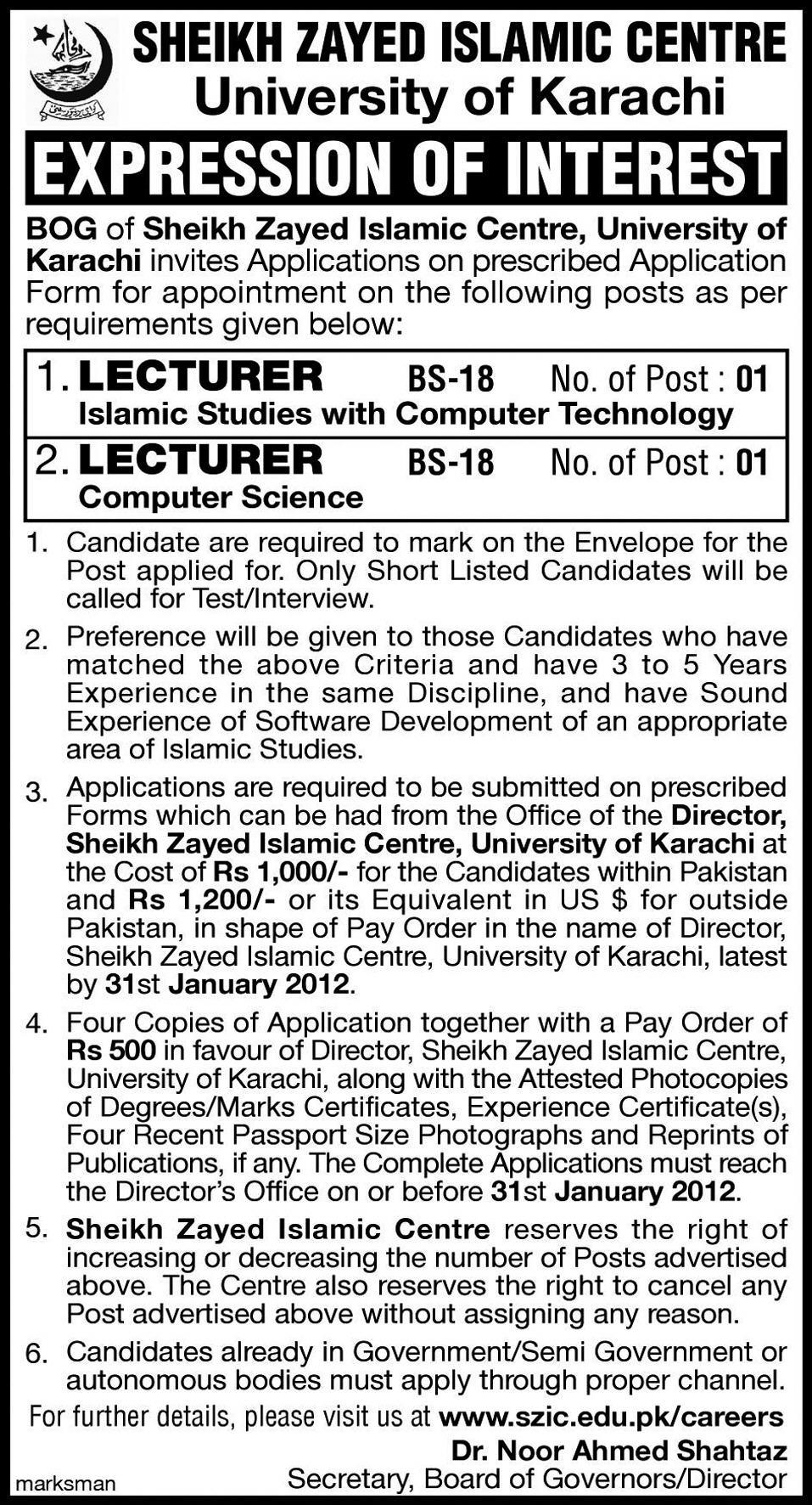 Sheikh Zayed Islamic Centre, University of Karachi Required Lecturers