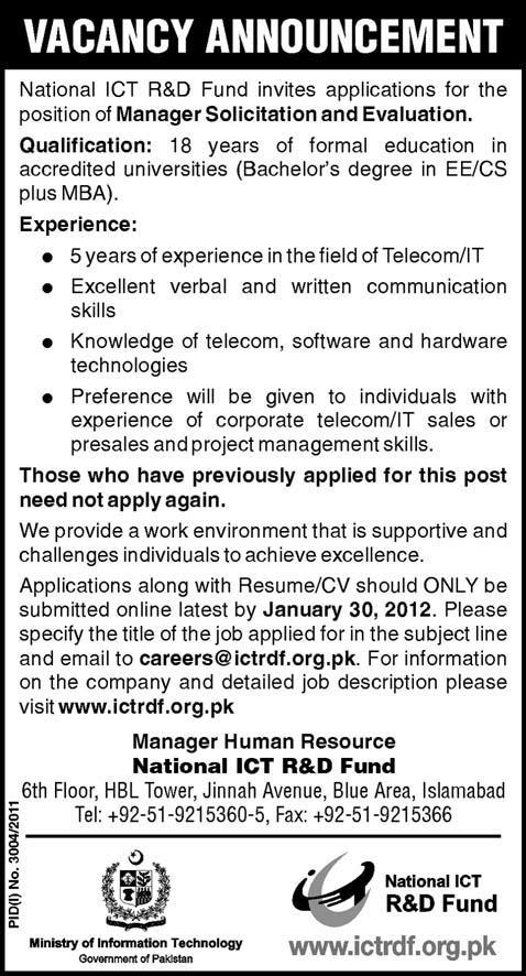 National ICT R&D Fund Required the Services of Manager Solicitation and Evaluation