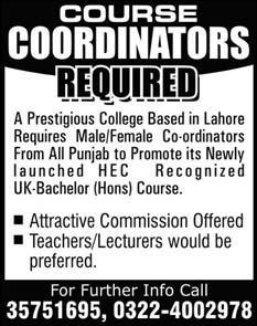 Course Coordinators Required by a College in Lahore