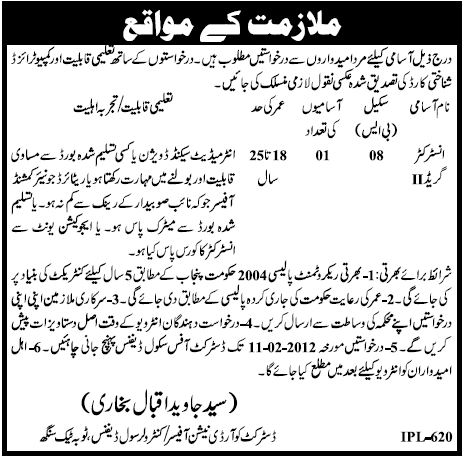 District Coordination Officer Toba Tak Singh Required Instructor