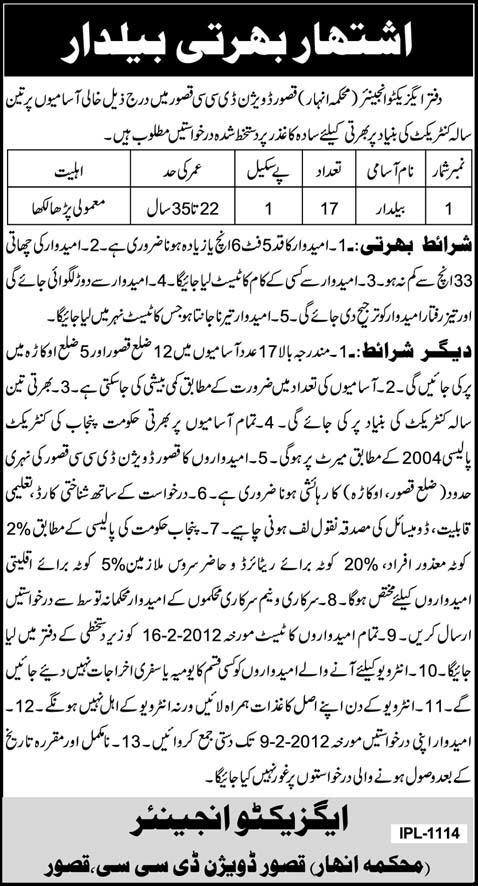 Office of Executive Engineer, Kasur Division Required Baildar