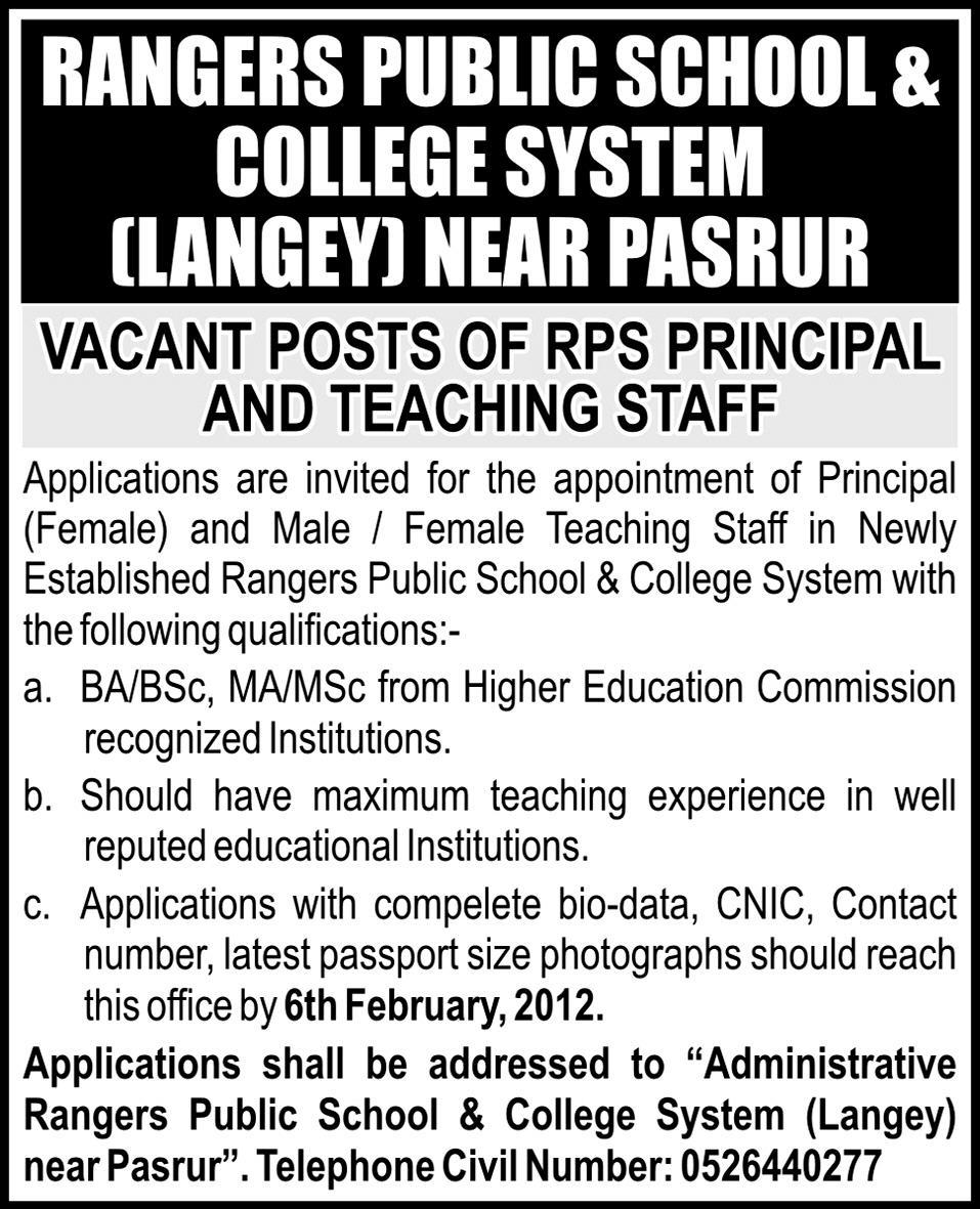 Rangers Public School & College System (Langey) Near Pasrur Required Principal and Teaching Staff