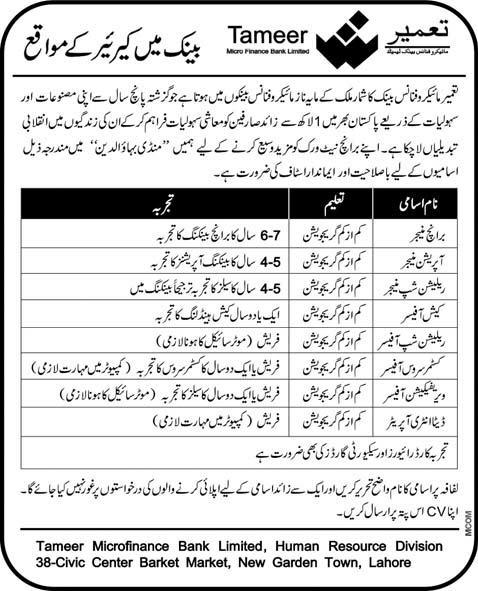 Tameer Bank Jobs Opportunity