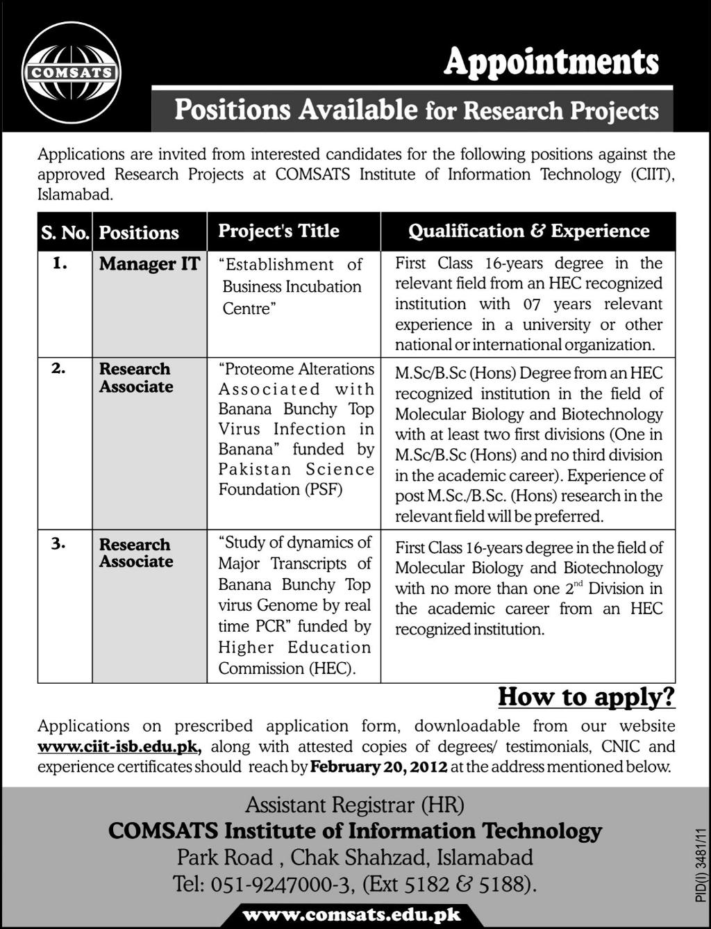 COMSATS Institute of Information Technology (CIIT) Required Staff