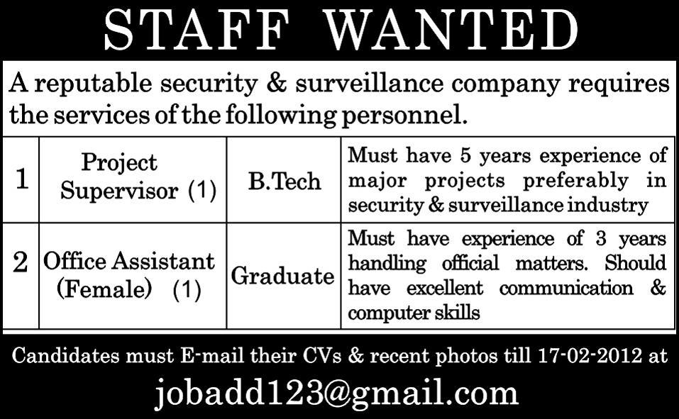 Project Supervisor and Office Assistant Required by a Security & Surveillance Company
