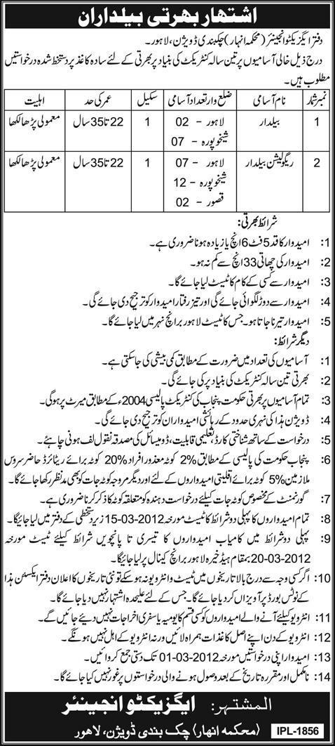 Office of Executive Engineer, Chakbandi Division, Lahore Jobs Opportunity