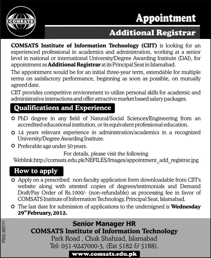 COMSATS Institute of Information Technology (CIIT) Required the Services of Additional Registrar