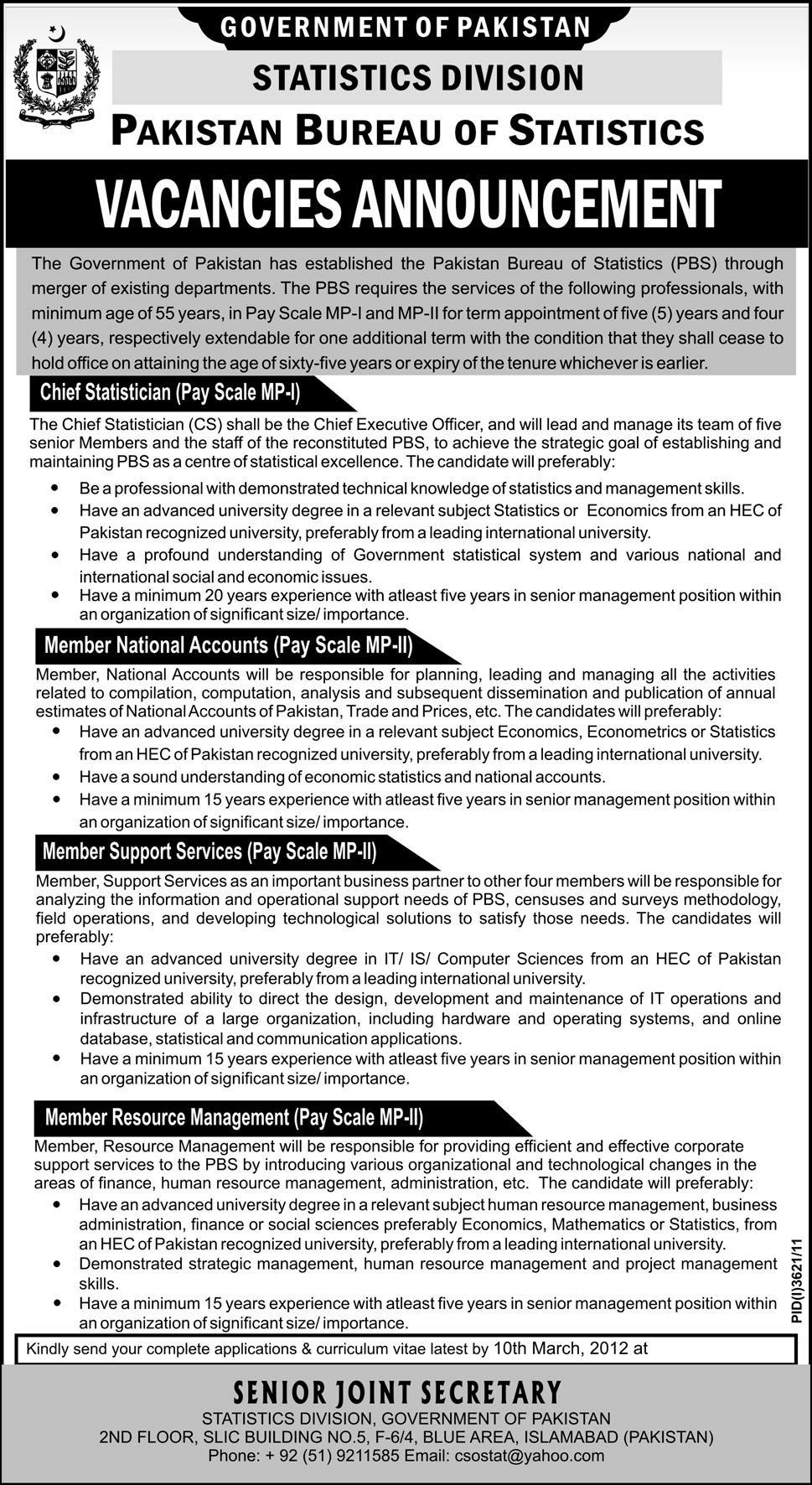 Government of Pakistan, Statistics Division, Pakistan Bureau of Statistics Jobs Opportunity
