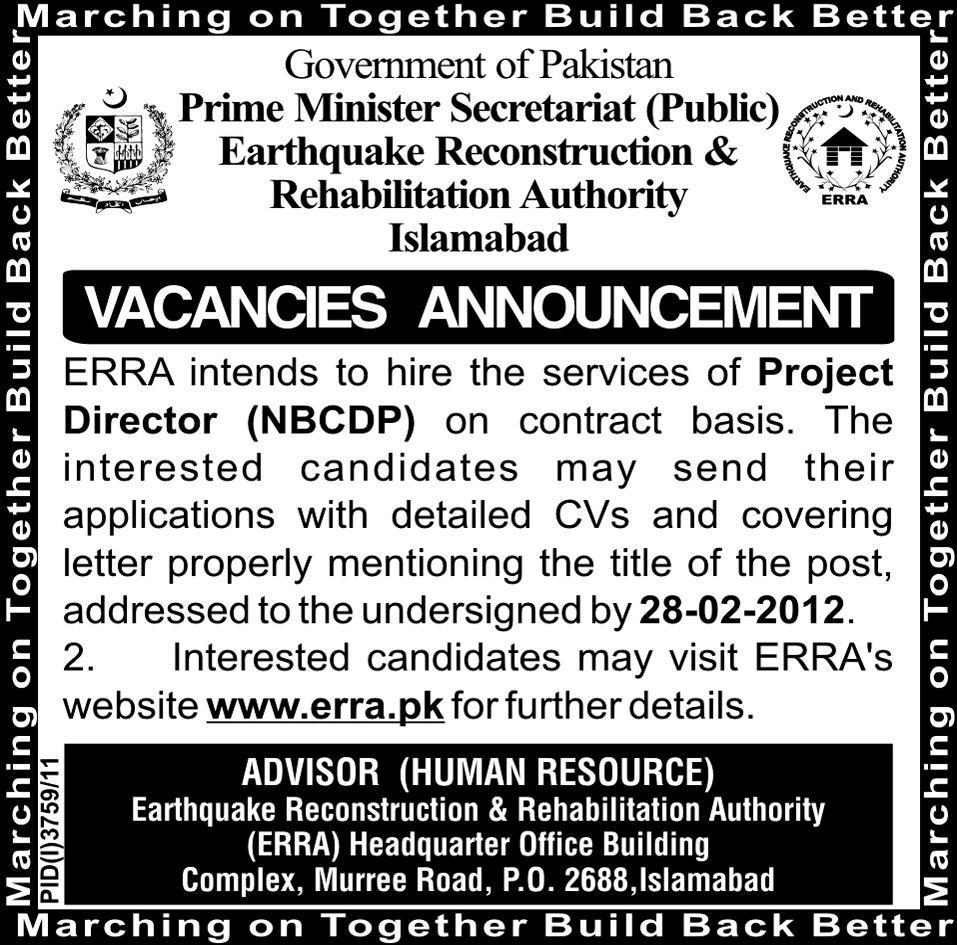 Earthquake Reconstruction & Rehabilitation Authority Islamabad Required Project Director (NBCDP)