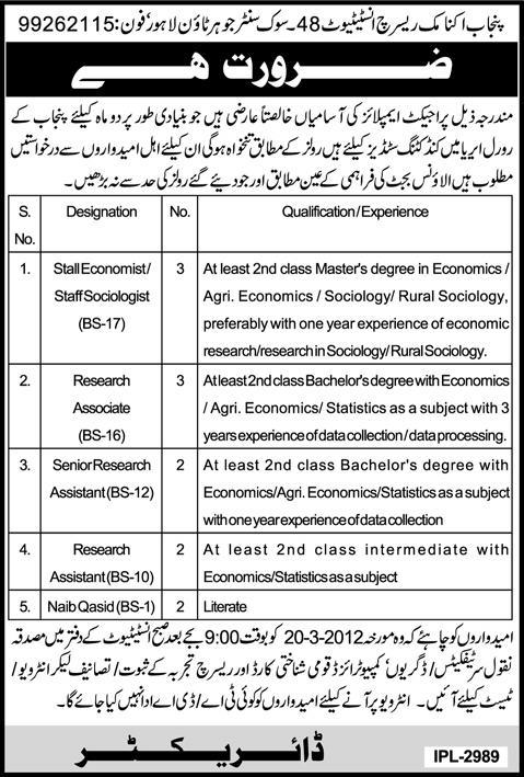Punjab Economic Research Institute, Lahore (Govt Jobs) Jobs Opportunity