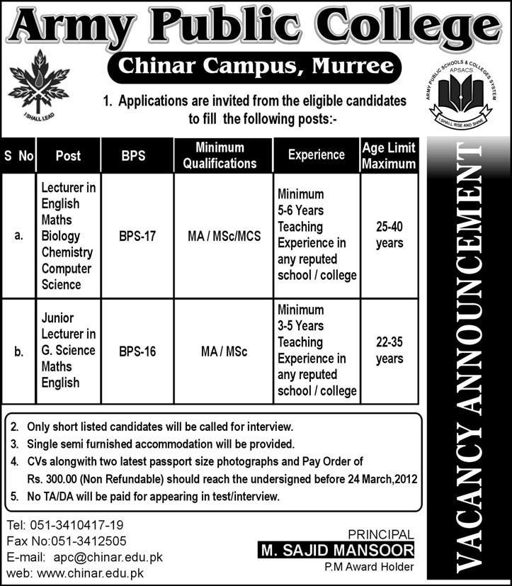 Army Public College (Govt Jobs) Murree Requires Lecturers