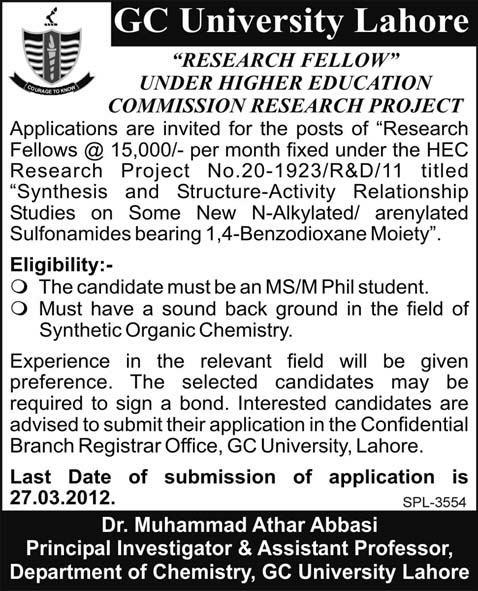 GC University Lahore Offers Research Fellowship