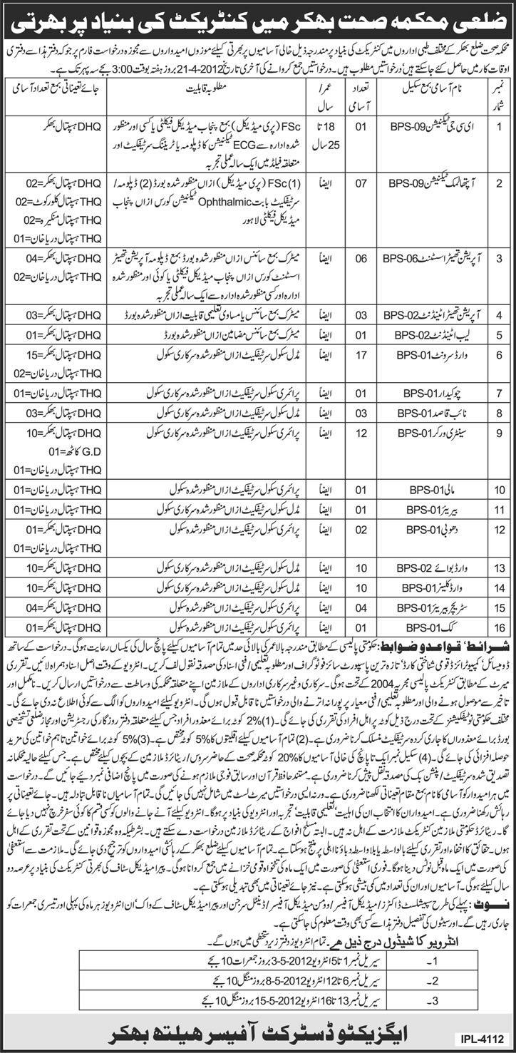 Health Department District Bakhar (Govt) Jobs