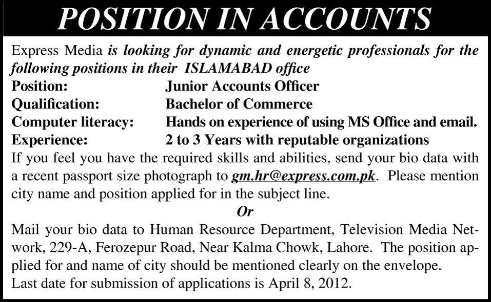 Express Media Requires Junior Accounts Officer
