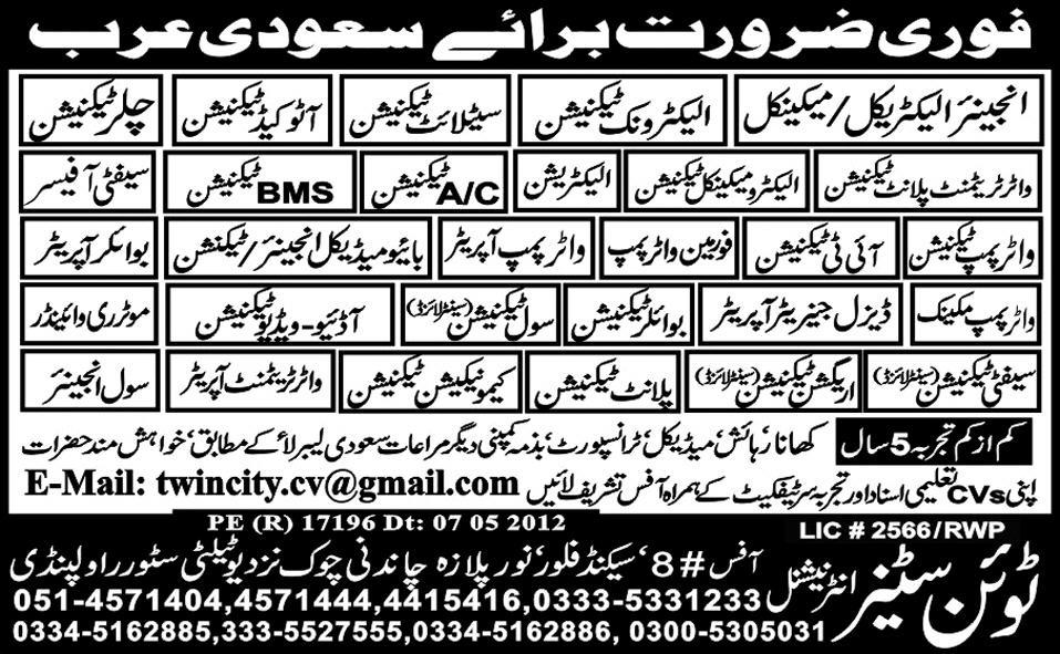 Technicians and Engineers required for Saudi Arabia